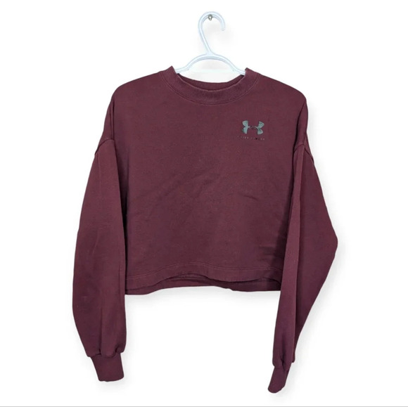 Under Armour Burgundy Purple Black Logo Cropped Crewneck Sweatshirt Top Small - Picture 3 of 8